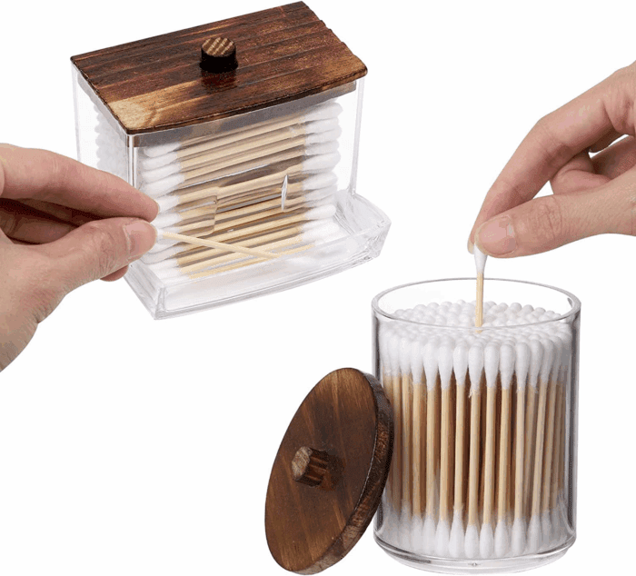 Qtips Holder Bathroom Container, 10/7 OZ Cotton Ball/Swabs Dispenser, Apothecary Jar Organizer for Storage Brown Wood Lids - Image 3