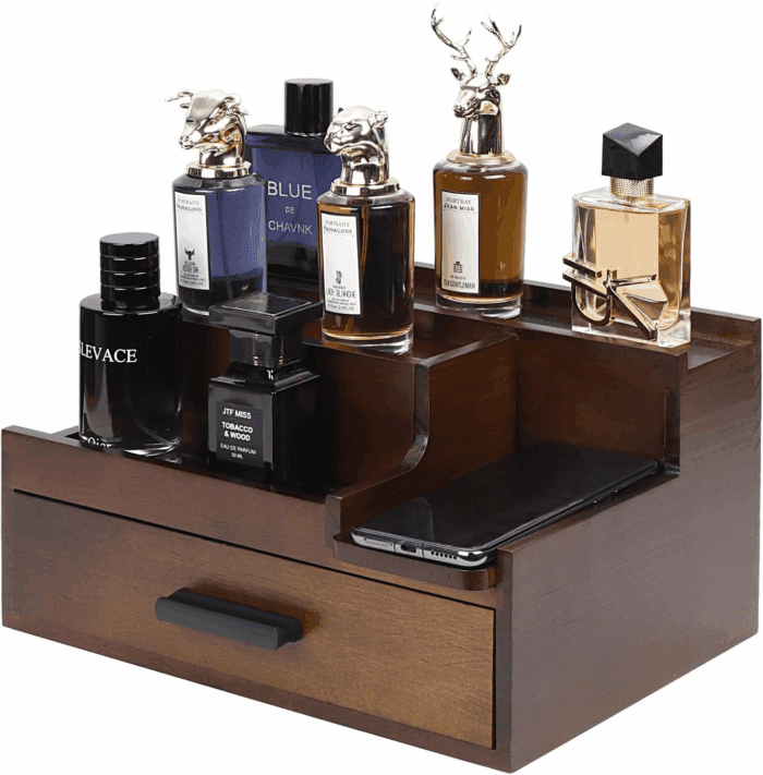 Cologne Organizer for Men, 3 Tier Perfume Stand Holder with Drawer and Hidden Compartment, Cologne Display Shelf for Dresser, Great Gift for Man/Father, Deep Brown