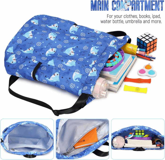 Children Boy Girl Ocean Shark Print Drawstring Backpack Outdoor Casaul Portable Shoulder Bag Swim Gymsack Sack Pack Dark Blue - Image 4