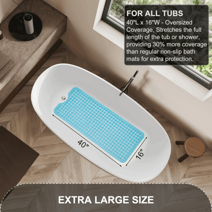 Bath Tub and Shower Mats, Non Slip 40 X 16 Inch Extra Large Bathtub Mat, Machine Washable Bathmat with Drain Holes, Suction Cups for Bathroom Floor, Clear Blue - Image 5
