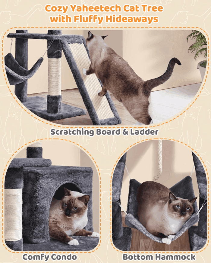 Large Multi-Level Cat Tree, 63 Inches Tall with Sisal-Covered Scratching Posts, Condo, Hammock, Dangling Ball, and Extended Platform for Cats to Play and Sleep - Image 6