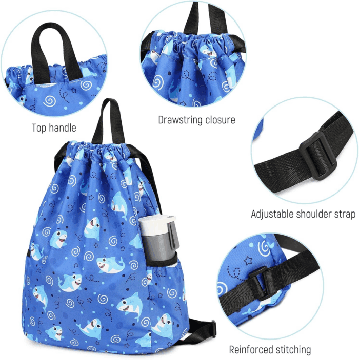 Children Boy Girl Ocean Shark Print Drawstring Backpack Outdoor Casaul Portable Shoulder Bag Swim Gymsack Sack Pack Dark Blue - Image 6