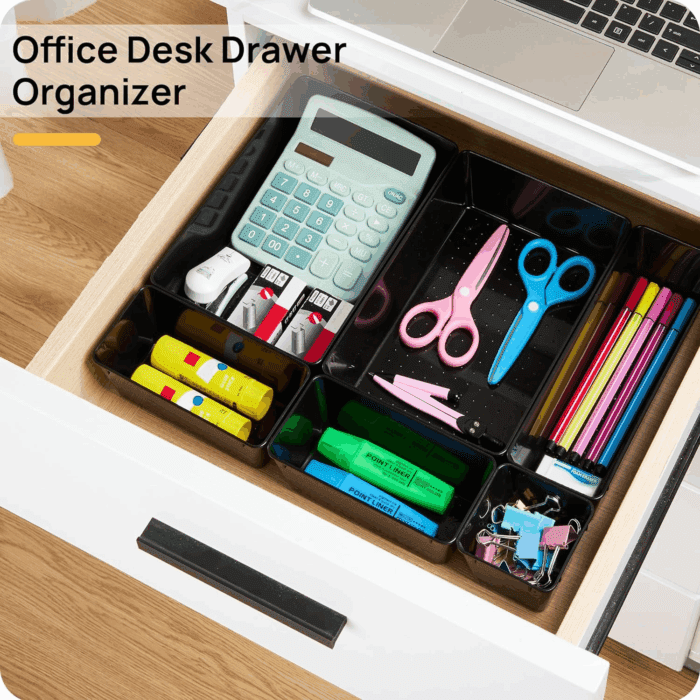 25 PCS Office Desk Drawer Organizers Set, 4-Size Versatile Plastic Drawer Organizer Trays, Storage Bins for Desk Accessories Office Organizers and Storage, Bathroom, Makeup, Vanity, Black - Image 4