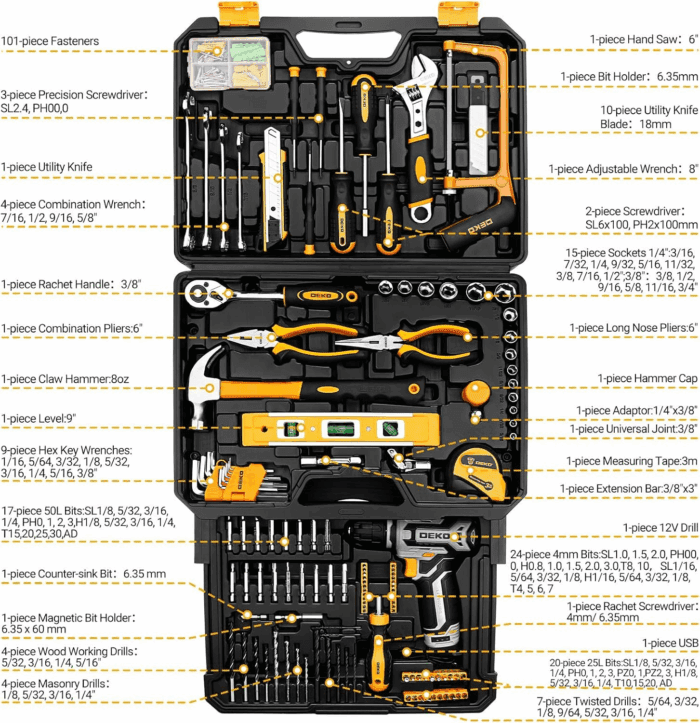 Tool Kit Box Drill Set： Home Mechanic Toolbox with 12V Power Cordless Drill Hand Repair Tools Sets Combo Kits Storage Organizer Drawer Case for Men - Image 2