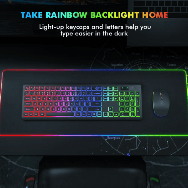 Wireless Keyboard and Mouse Combo RGB Backlit Rechargeable 2.4Ghz Quiet 108 Keys Keyboard-Black - Image 6