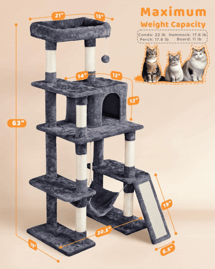 Large Multi-Level Cat Tree, 63 Inches Tall with Sisal-Covered Scratching Posts, Condo, Hammock, Dangling Ball, and Extended Platform for Cats to Play and Sleep - Image 4