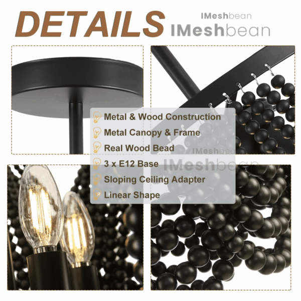 Black 12.6 Inch Wood Bead Chandelier Flush Mount Ceiling Light Fixture 3-Light Boho Light Fixtures Ceiling Farmhouse Chandeliers for Bedroom Dining Room - Image 7