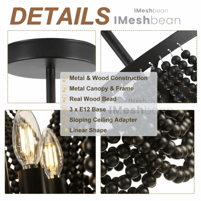 Black 12.6 Inch Wood Bead Chandelier Flush Mount Ceiling Light Fixture 3-Light Boho Light Fixtures Ceiling Farmhouse Chandeliers for Bedroom Dining Room - Image 7