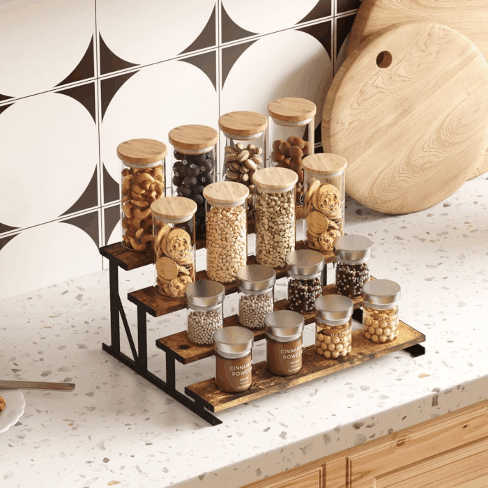 4-Tier Wooden Dispaly Riser with Metal Stand, 13.9 Inch Step Cologne Stand, Perfume Organizer, Display Shelf for Fragrance, Skincare, Figurine, Spice, Tabletop, Cabinet, 1 Set, Rustic Brown - Image 8