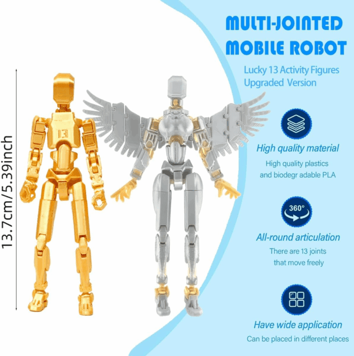 T13 Action Figure Set (Assembly Completed), 3D Printed Multi-Jointed, Titan 13 Action Figures, Multi-Articular Lucky Mobile Robot Nova T-13,Desktop Decorations for Game Lovers Toys (Gold/Sliver) - Image 3