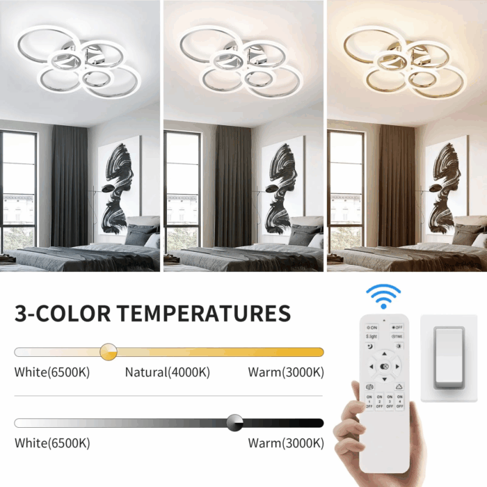 Modern LED Ceiling Light Fixture 6 Rings Dimmable Flush Mount Lighting with Remote for Living Room Bedroom Kitchen (6 Heads) - Image 2