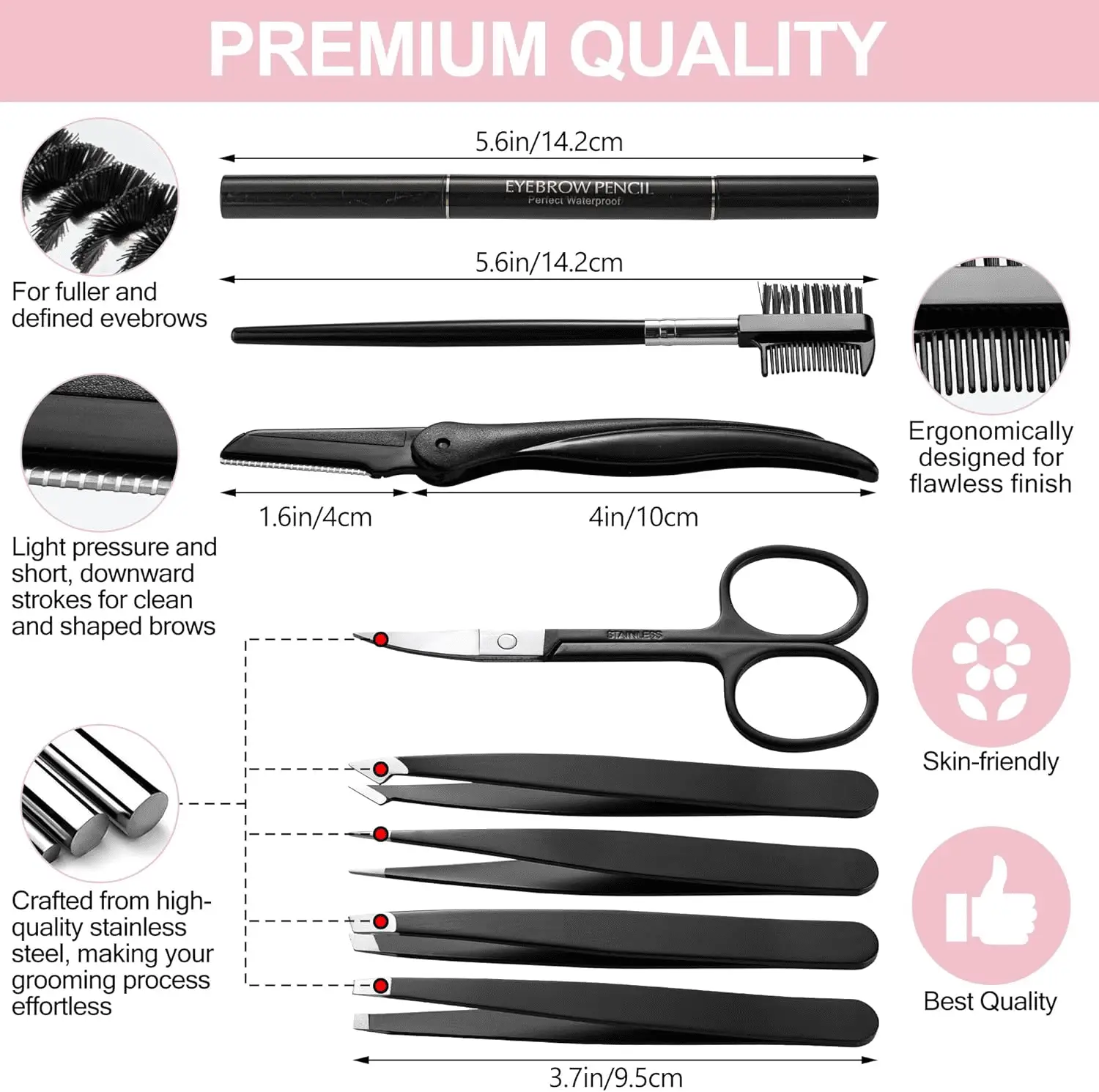 Eyebrow Trimmer 8-Pack - Eyebrow Tweezers Set - Eyebrow Shaping Kit for Women & Men with Razor, Brush with Comb, Pencil, and Scissors in Padded Case - Image 5