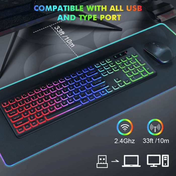 Wireless Keyboard and Mouse Combo RGB Backlit Rechargeable 2.4Ghz Quiet 108 Keys Keyboard-Black - Image 5
