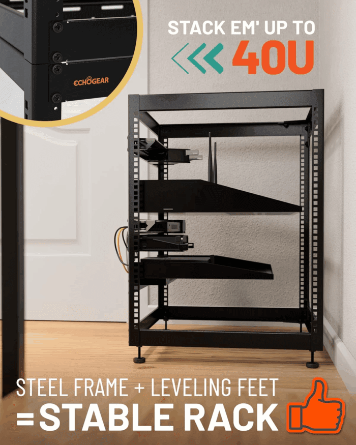 15U Open Frame Rack for Servers & AV Gear - Wall Mountable Design Includes 2X Vented Shelves, 25X Rack Mounting Screws, 4X Leveling Feet, 4X Shelf Stops, & 2X Securement Straps - Image 5