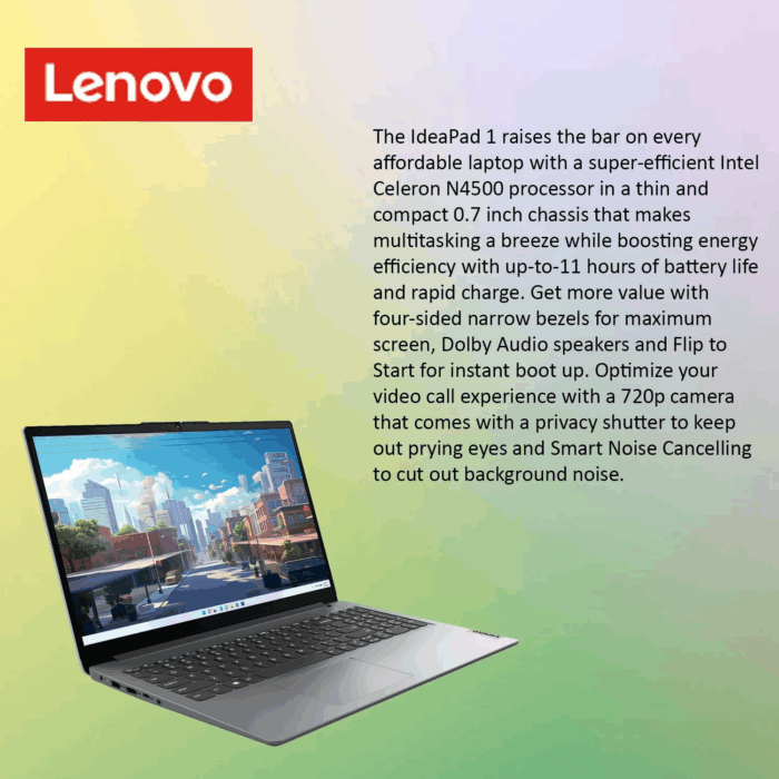 Ideapad 1 Student Laptop, 15.6" FHD Display, Intel Dual Core Processor, 12GB RAM, 128GB Emmc + 256GB SSD, 1 Yr Office 365, Wi-Fi 6, Windows 11 Home, Grey - Image 5