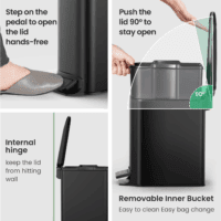 Small Bathroom Trash Can with Lid Soft Close, Step Pedal, 6 Liter / 1.6 Gallon Stainless Steel Garbage Can with Removable Inner Bucket, Anti-Fingerprint Finish (Matt Black) - Image 5