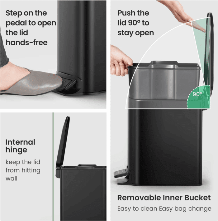 Small Bathroom Trash Can with Lid Soft Close, Step Pedal, 6 Liter / 1.6 Gallon Stainless Steel Garbage Can with Removable Inner Bucket, Anti-Fingerprint Finish (Matt Black) - Image 5