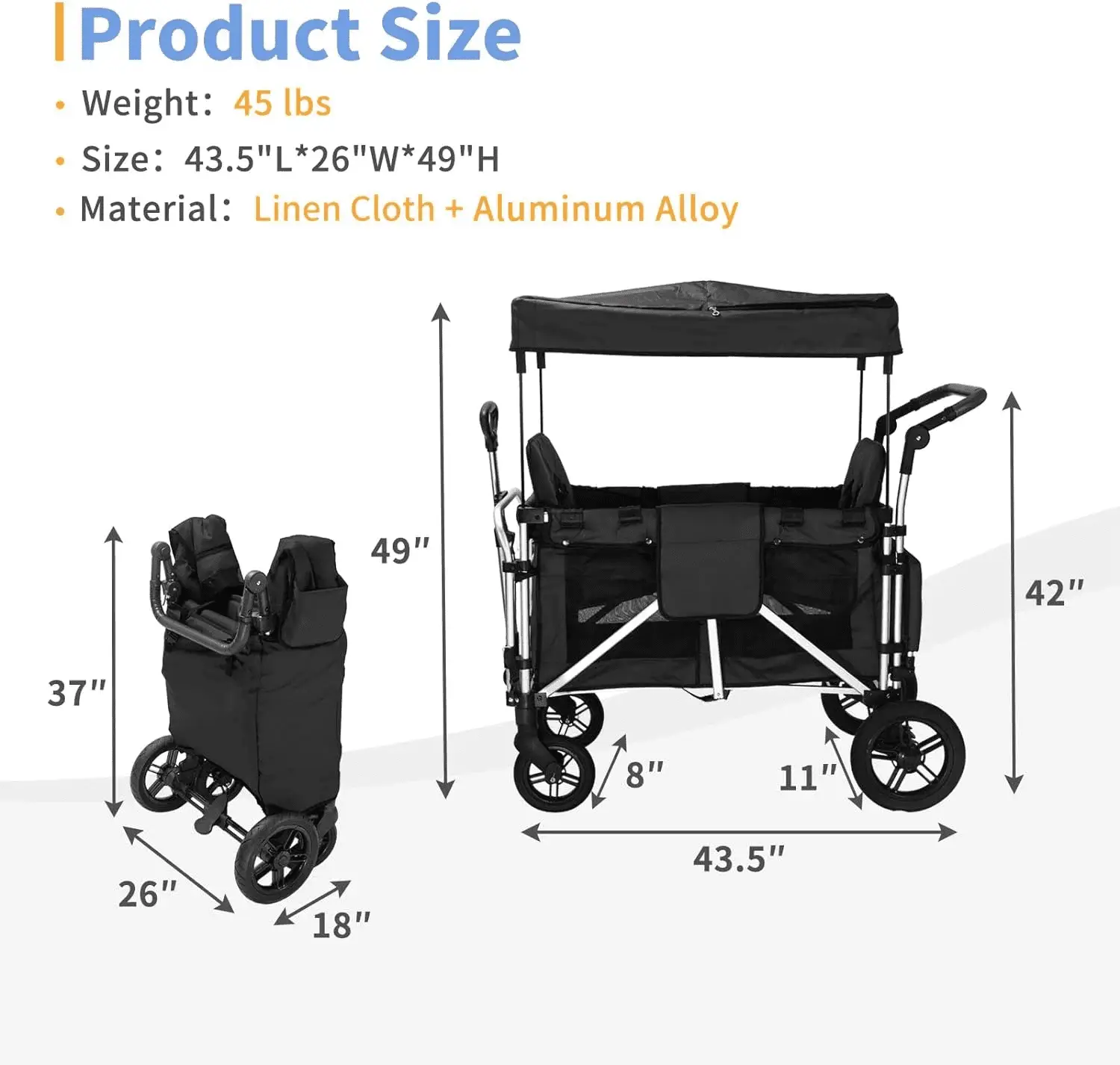 Stroller Wagon for 2 Kids, Wagon Stroller with 2 High Seat, 5-Point Harnesses, Adjustable Canopy, Foldable Stroller Wagon 2 Passenger for Garden, Stroller, Camping, Grocery Cart - Image 7