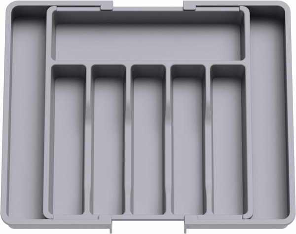 Silverware Drawer Organizer, Expandable Utensil Tray for Kitchen, BPA Free Flatware and Cutlery Holder, Adjustable Plastic Storage for Spoons Forks Knives, Large, Grey