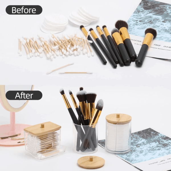 Bathroom Organizer Accessories Set-10 OZ,7 OZ Qtips Holder Storage with Brown Wood Lids, Cotton Ball/Swabs Dispenser, Apothecary Container Jar 3 Pcs - Image 5