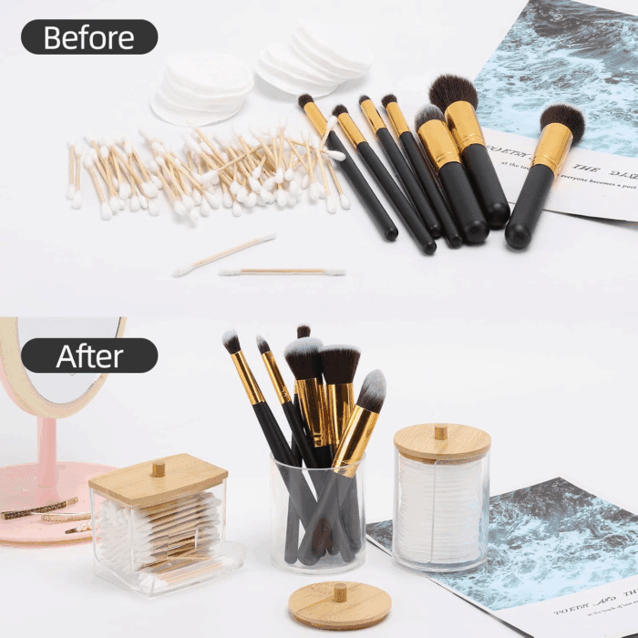 Bathroom Organizer Accessories Set-10 OZ,7 OZ Qtips Holder Storage with Brown Wood Lids, Cotton Ball/Swabs Dispenser, Apothecary Container Jar 3 Pcs - Image 5