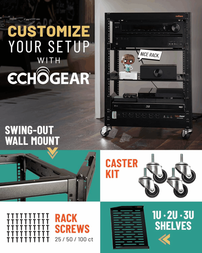 15U Open Frame Rack for Servers & AV Gear - Wall Mountable Design Includes 2X Vented Shelves, 25X Rack Mounting Screws, 4X Leveling Feet, 4X Shelf Stops, & 2X Securement Straps - Image 7