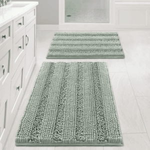 Sage Bathroom Rugs, Bath Mat Set of 2 Extra Thick Chenille Striped Pattern Shaggy Bath Rugs for Bath Room, Non Skid Bath Mats for Bathroom Floor (32 X 20 plus 24 X 17 - Inches)