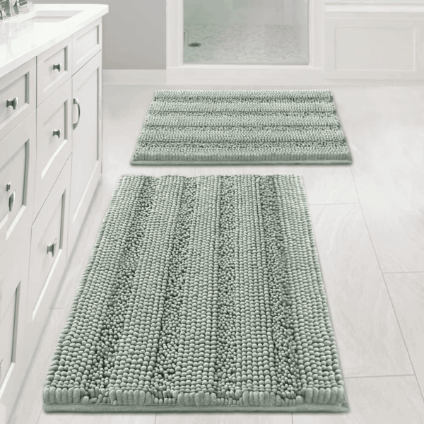 Sage Bathroom Rugs, Bath Mat Set of 2 Extra Thick Chenille Striped Pattern Shaggy Bath Rugs for Bath Room, Non Skid Bath Mats for Bathroom Floor (32 X 20 plus 24 X 17 - Inches)