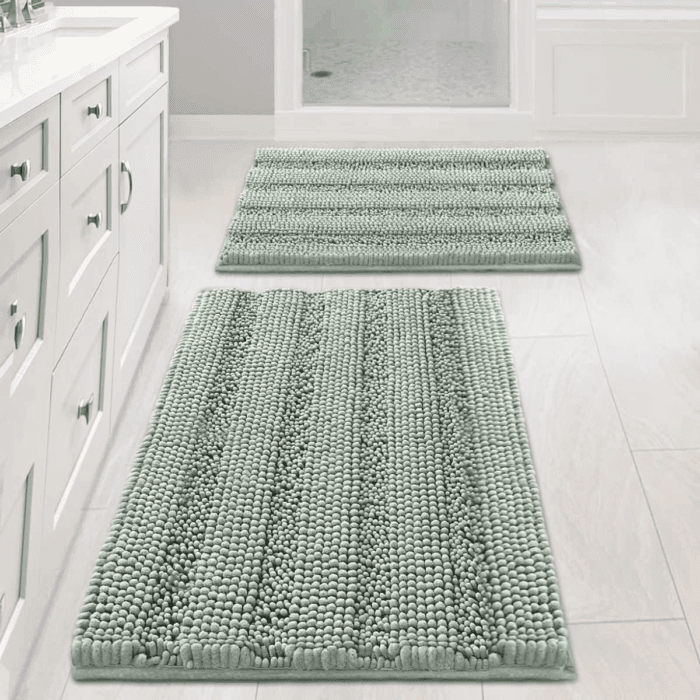 Sage Bathroom Rugs, Bath Mat Set of 2 Extra Thick Chenille Striped Pattern Shaggy Bath Rugs for Bath Room, Non Skid Bath Mats for Bathroom Floor (32 X 20 plus 24 X 17 - Inches)
