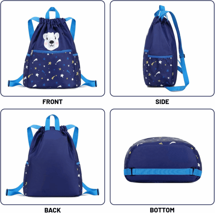 Children Boy Girl Dog Print Drawstring Backpack Outdoor Casaul Portable Shoulder Bag Swim Gymsack Sack Pack Grey - Image 4