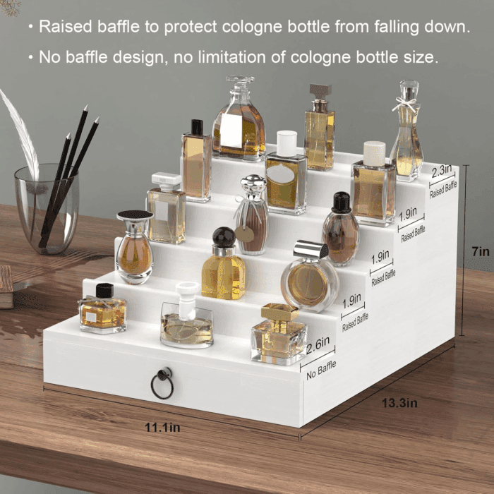Cologne Organizer for Men, 5 Tier White Cologne Shelf, Perfume Stand with Drawer and Hidden Compartment Perfume Display Holder - a Gift for Men - Image 5