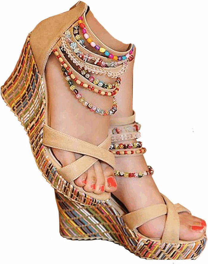 Women'S Wedge Sandals with Pearls across the Top Platform Sandals High Heels