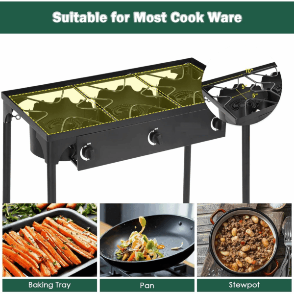 3-Burner Propane Camping Stove, Gas Stove for Outdoor Cooking BBQ, 225,000 -BTU, 20 PSI Regulator, High Pressure, Heavy Duty, Black - Image 6