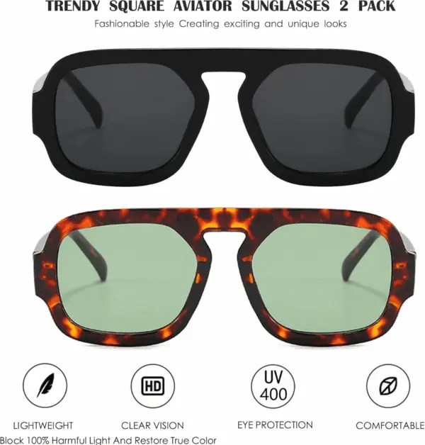 Trendy Square Aviator Sunglasses for Women Flat Top Designer Stylish Frame Sun Glasses Vintage Shades - Image 2