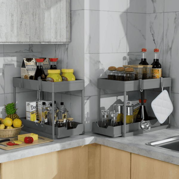 Under Sink Organizer 2 Pack，Bathroom Cabinet Organizer，2 Tier Sliding Cabinet Basket Organizer Drawer, Multi-Purpose Bath Collection Baskets for Bathroom (Grey) - Image 6