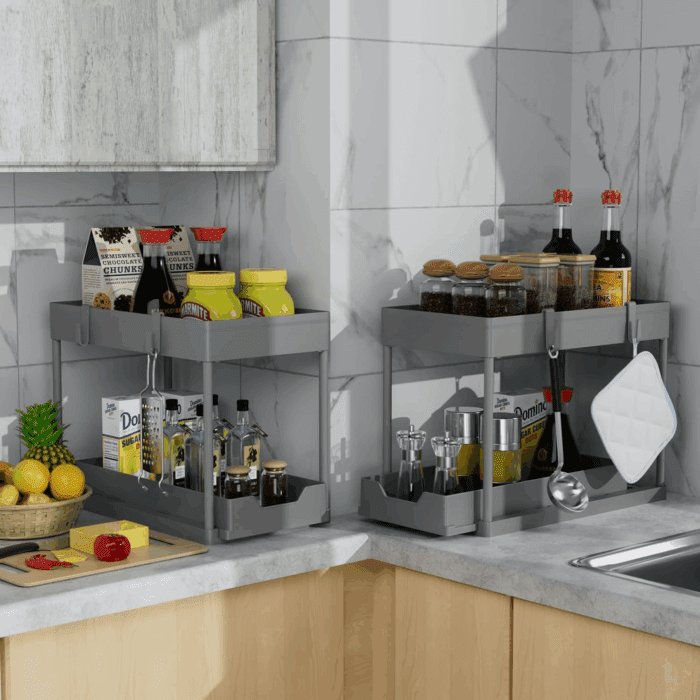 Under Sink Organizer 2 Pack，Bathroom Cabinet Organizer，2 Tier Sliding Cabinet Basket Organizer Drawer, Multi-Purpose Bath Collection Baskets for Bathroom (Grey) - Image 6