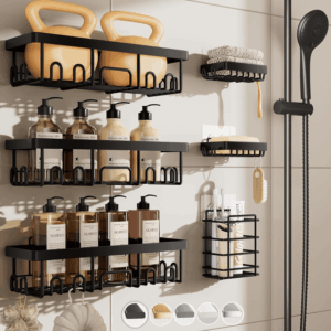 Stainless Steel Shower Caddy 6-Pack, No Drilling & Rustproof, Waterproof Adhesive Shelves Rack with Soap Holder, Large Capacity Bathroom Organizers and Storage, Wall-Mounted Kitchen & Home Decor