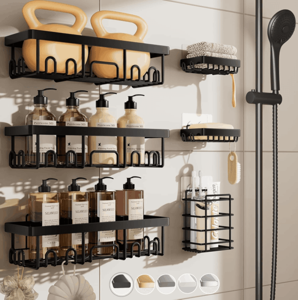 Stainless Steel Shower Caddy 6-Pack, No Drilling & Rustproof, Waterproof Adhesive Shelves Rack with Soap Holder, Large Capacity Bathroom Organizers and Storage, Wall-Mounted Kitchen & Home Decor