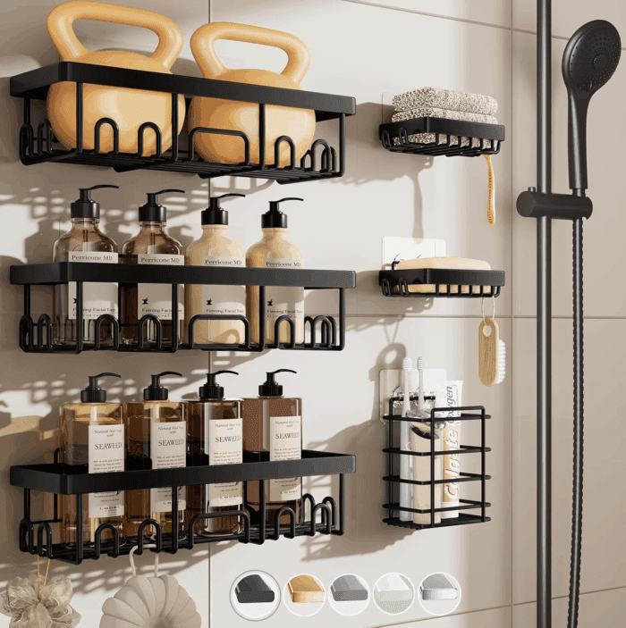 Stainless Steel Shower Caddy 6-Pack, No Drilling & Rustproof, Waterproof Adhesive Shelves Rack with Soap Holder, Large Capacity Bathroom Organizers and Storage, Wall-Mounted Kitchen & Home Decor