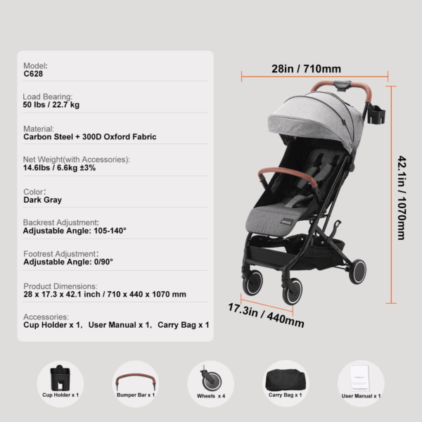 Baby Stroller, One-Click Folding Umbrella Stroller Lightweight Travel Stroller for Newborn Baby, Dark Grey - Image 7