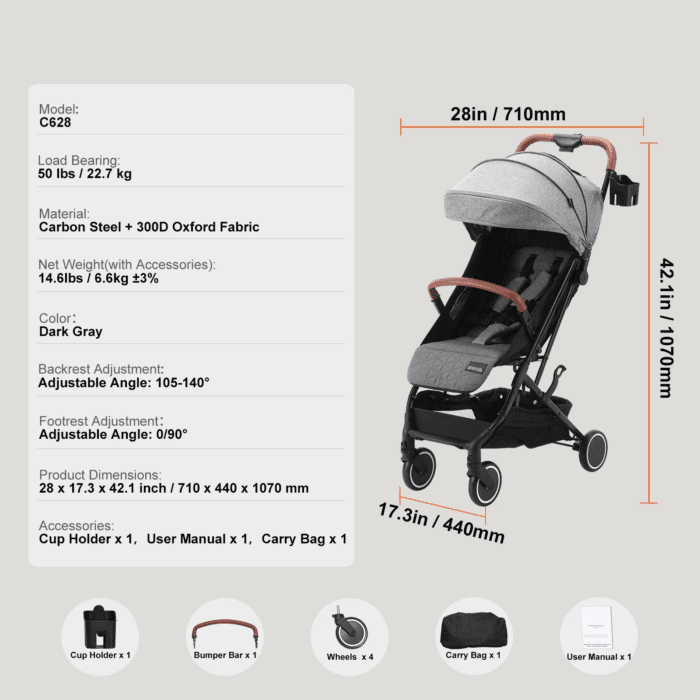 Baby Stroller, One-Click Folding Umbrella Stroller Lightweight Travel Stroller for Newborn Baby, Dark Grey - Image 7