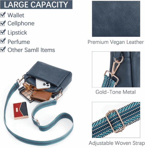 Small Crossbody Purse for Women Triple Zip Cell Phone Leather Handbag with Colored Shoulder Strap - Image 4