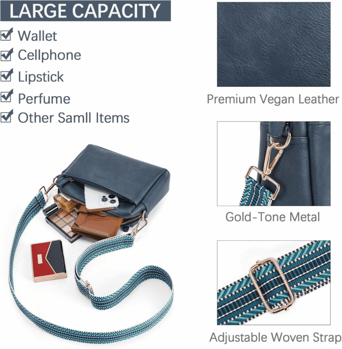 Small Crossbody Purse for Women Triple Zip Cell Phone Leather Handbag with Colored Shoulder Strap - Image 4