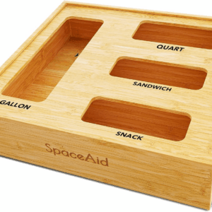 Bag Storage Organizer for Kitchen Drawer, Bamboo Organizer, Compatible with Gallon, Quart, Sandwich and Snack Variety Size Bag (1 Box 4 Slots), 2.5" High