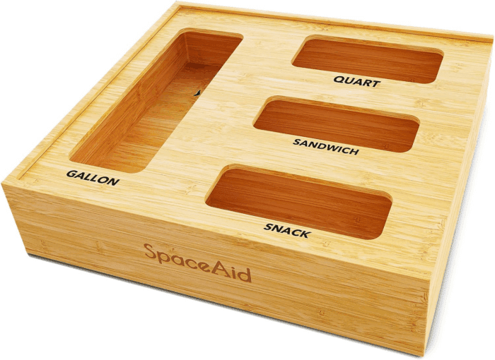 Bag Storage Organizer for Kitchen Drawer, Bamboo Organizer, Compatible with Gallon, Quart, Sandwich and Snack Variety Size Bag (1 Box 4 Slots), 2.5" High