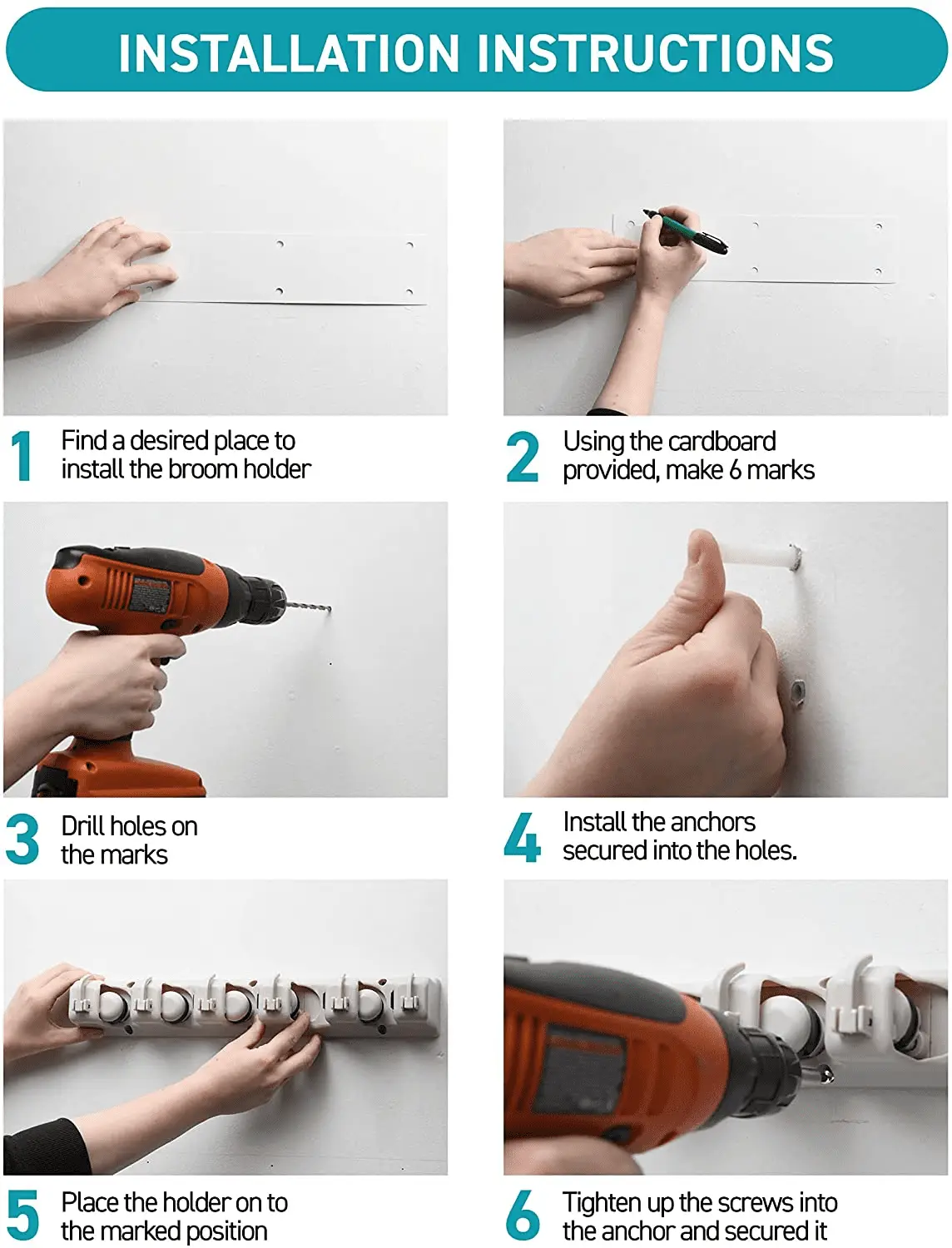 Mop and Broom Holder Wall Mount Garden Tool Storage Tool Rack Storage & Organization for the Home Plastic Hanger for Closet Garage Organizer (5-Position) - Image 5