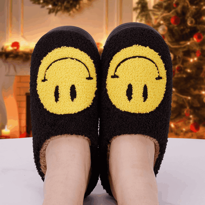 Smile Face Slippers for Women - Indoor Outdoor Retro Happy House Slides, Soft Fluffy Cushion Furry Shoes - Image 2