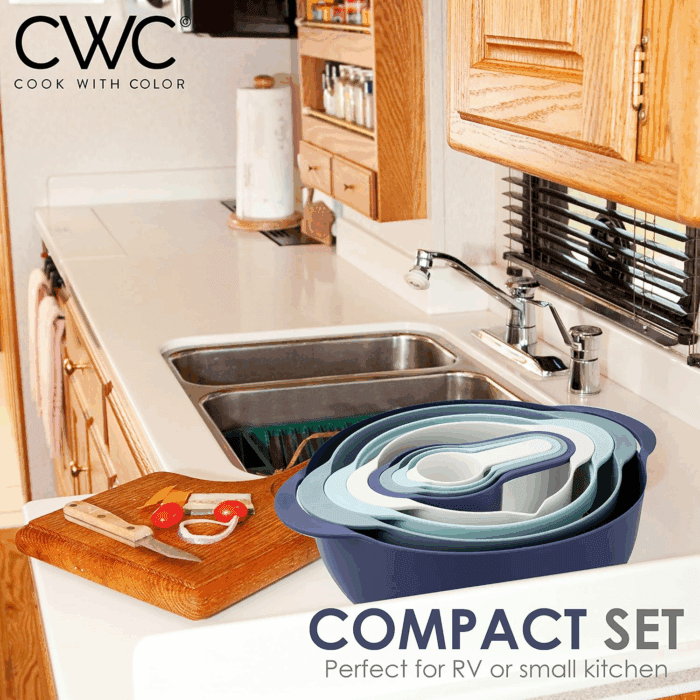 8Pc Nesting Bowl Set, Teal - Includes 2 Mixing Bowls, Colander, Sifter, 4 Measuring Cups, Polypropylene, Dishwasher Safe, BPA Free - Image 5