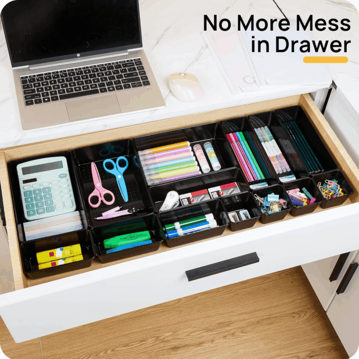 25 PCS Office Desk Drawer Organizers Set, 4-Size Versatile Plastic Drawer Organizer Trays, Storage Bins for Desk Accessories Office Organizers and Storage, Bathroom, Makeup, Vanity, Black - Image 3