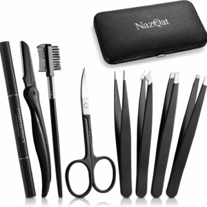 Eyebrow Trimmer 8-Pack - Eyebrow Tweezers Set - Eyebrow Shaping Kit for Women & Men with Razor, Brush with Comb, Pencil, and Scissors in Padded Case